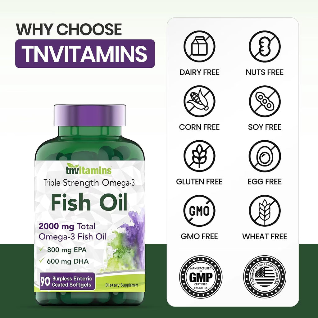 Burpless Omega 3 Fish Oil 2000Mg Enteric Coated Softgels with Epa Dha Wild Caught Purified Omega 3 Fatty Acid Supplements Mercury Free, Count 90