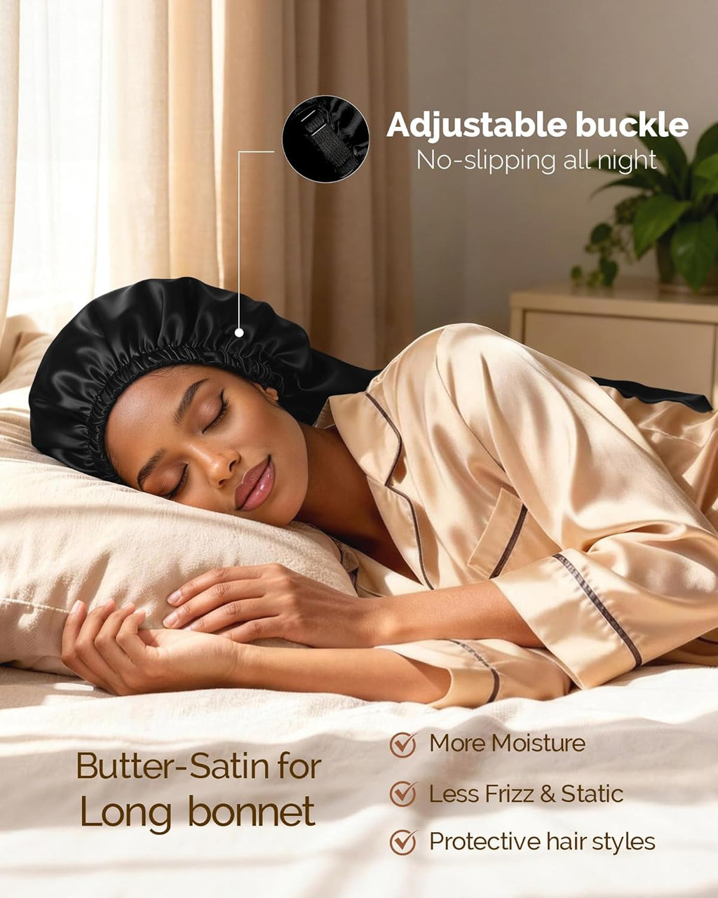 Adjustable Satin Sleep Bonnet, Double Layer Extra Long Hair Bonnet