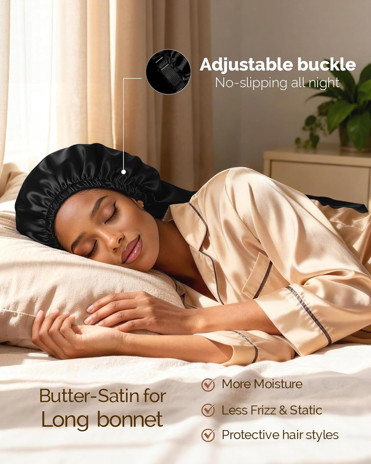 Adjustable Satin Sleep Bonnet, Double Layer Extra Long Hair Bonnet
