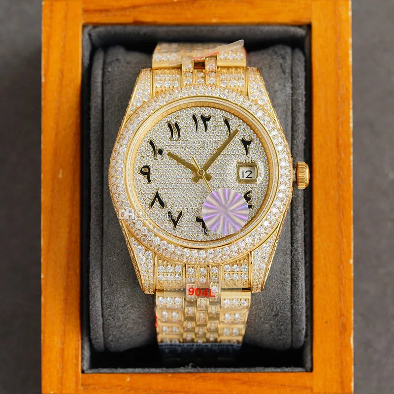 Mens Watch Full Diamond Automatic Mechanical Watches Movement 41Mm Business Wristwatch Classic Bracelet Wristwatches Montre De Luxe