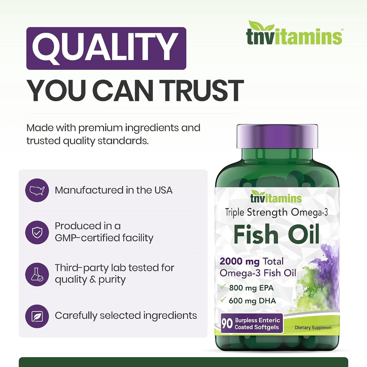 Burpless Omega 3 Fish Oil 2000Mg Enteric Coated Softgels with Epa Dha Wild Caught Purified Omega 3 Fatty Acid Supplements Mercury Free, Count 90
