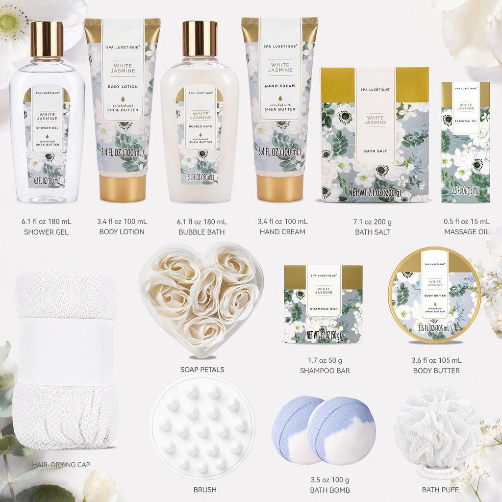 White Jasmine 15Pc Spa Gift Baskets Gifts for Women Spa Gifts