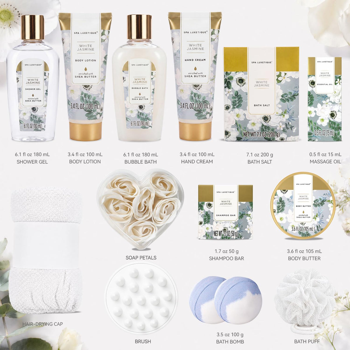 White Jasmine 15Pc Spa Gift Baskets Gifts for Women Spa Gifts