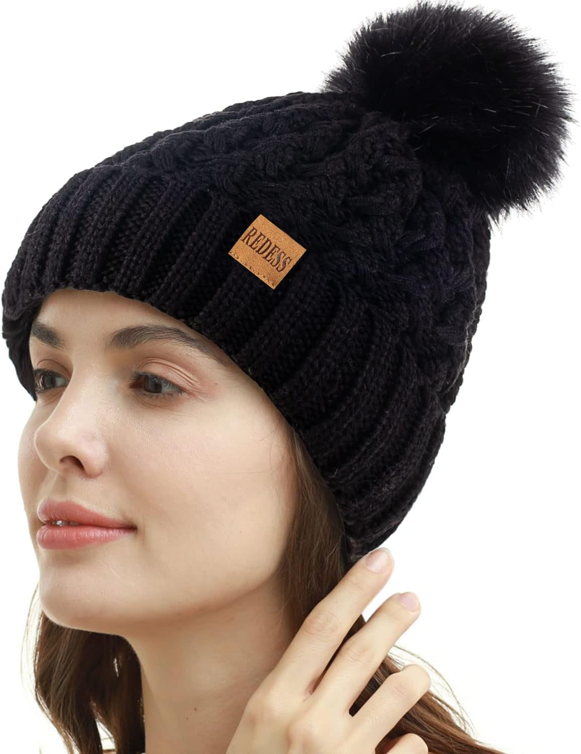Women Winter Pompom Beanie Hat Fleece Lined Warm Hats, Thick Slouchy Snow Knit Crossed Cap for Ladies…